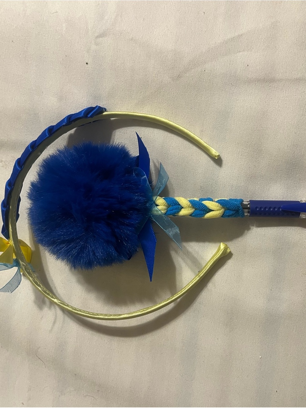 Handmade Plush Blue Pom-Pom Headband with Yellow Ribbon Accents for Kids